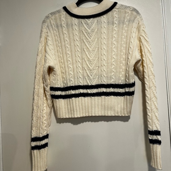 NWT Pink Rose Preppy Cream & Navy  Cable Knit Collared Cardigan. Ribbed Hem XS. - Picture 12 of 15
